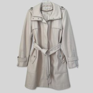 Kenneth Cole Wool Blend Belted Trench Beige Tan Coat Jacket Silver Accents SZ 14